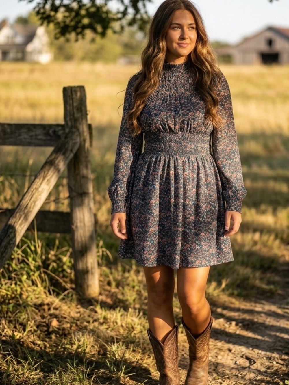 NWOT Vintage Style Western Boho Floral Smocked Mock Neck Long Sleeve Mini Dress